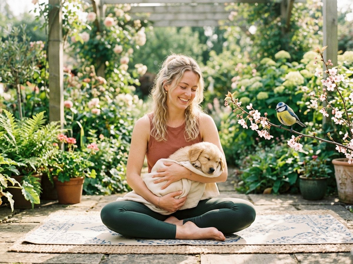 Youth yogi cuddling puppy with songbird